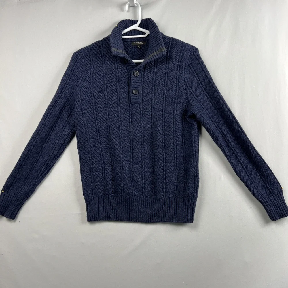 Banana Republic Sweater mens Sz L Merino Wool Henley Mock Neck 1/4  button Blue